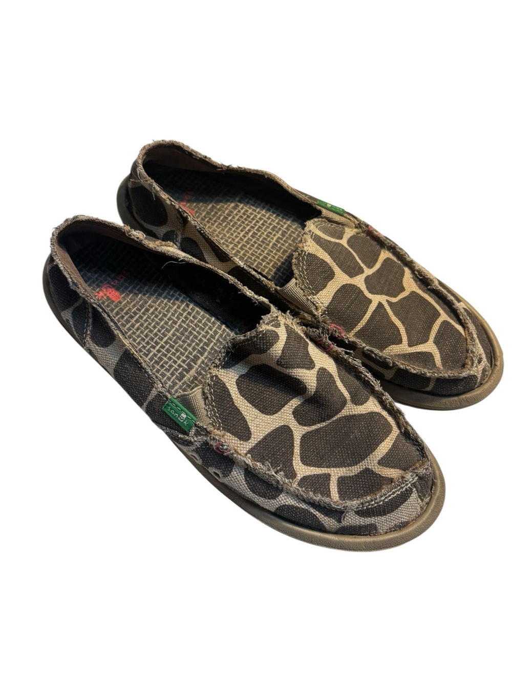 Sanuk Canvas Shoes Size 7 Slip-On Flats Brown Giraffe Animal Print Hemp Loafers - Picture 4 of 13